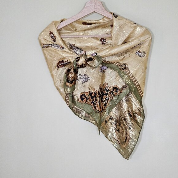 Unbranded Silk Scarf Womens 31 x 32 Inches Multicolor Gold Floral Feathers Print - Picture 1 of 15